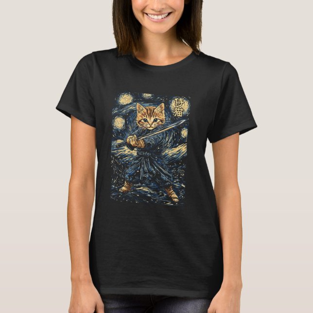 Camiseta Gato Samurai Ninja Japonês no Estilo da Noite Este (Frente)