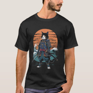 Camiseta Gato Samurai Onda Japonesa Arte Gráfico Retro