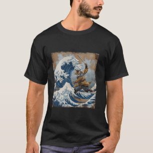 Camiseta Gato samurai retrô japonês A Grande Onda de Hokus