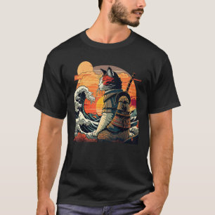 Camiseta Gato samurai retrô japonês A Grande Onda de Hokus