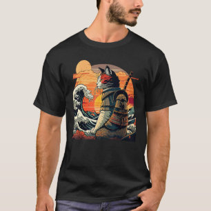 Camiseta Gato samurai retrô japonês A Grande Onda por Hokus