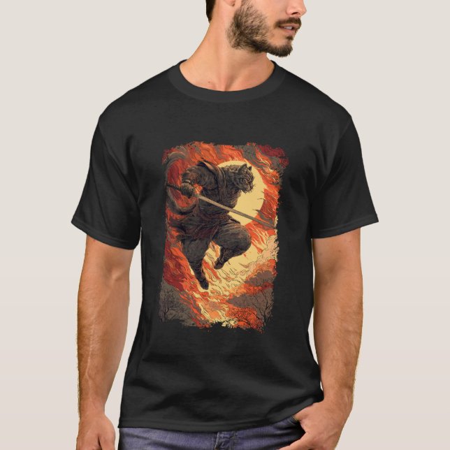 Camiseta Gato Samurai - Salto Ninja Flamejante (Frente)