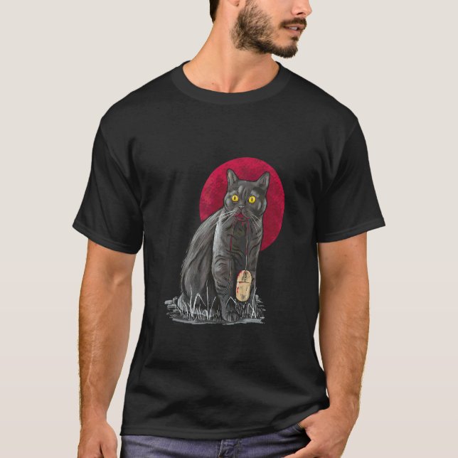 Camiseta Gato Sangue Mouse do Computador Lua Vermelho Noite (Frente)