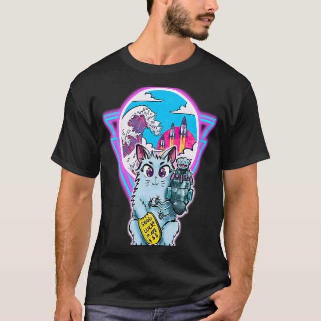 Camiseta Gato Sci Fi Maneki Neko com Moeda da Boa Sorte (Frente)