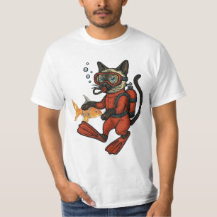 Camiseta Gato Scuba Diving terno vermelho molhado com peixe