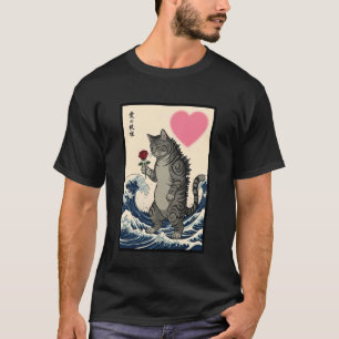 Camiseta Gato Segurando Rosa Grande Onda Ukiyo-e Dia dos Na