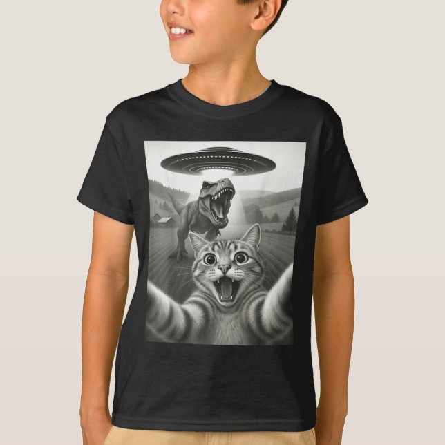 Camiseta Gato Selfie Com Alien Ufo &amp; T-rex Dinossauro D (Frente)