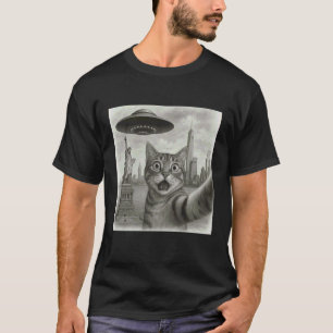 Camiseta Gato Selfie Com Alien UFO Invasão Nova York Gato