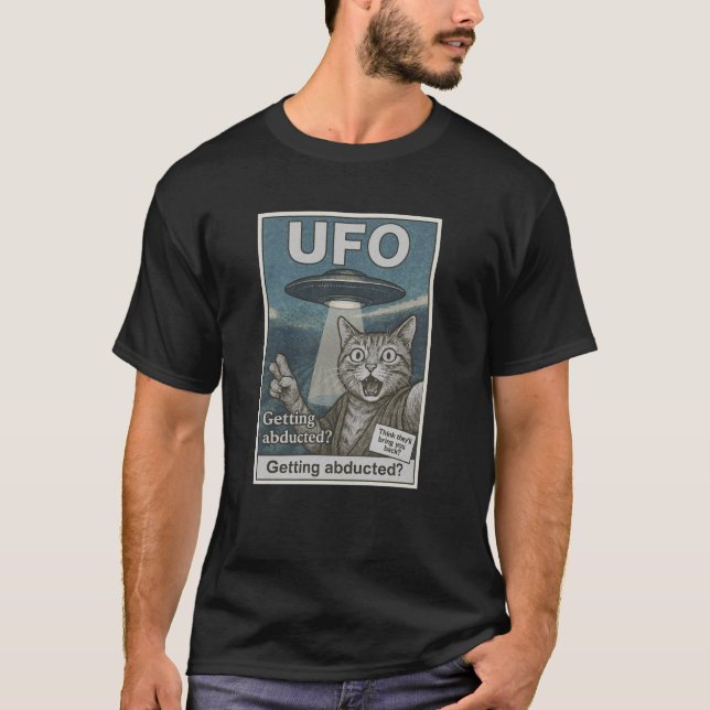 Camiseta Gato Selfie Com Alienígena UFO Engraçado Alienígen (Frente)