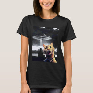 Camiseta Gato Selfie Com OVNI Alien Engraçado Gato Para Hom