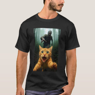 Camiseta Gato Selfie Fugindo do Zumbi de Halloween Gato Eng