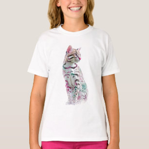 Camiseta Gato Selvagem Caprichoso em Aquarela para Crianças