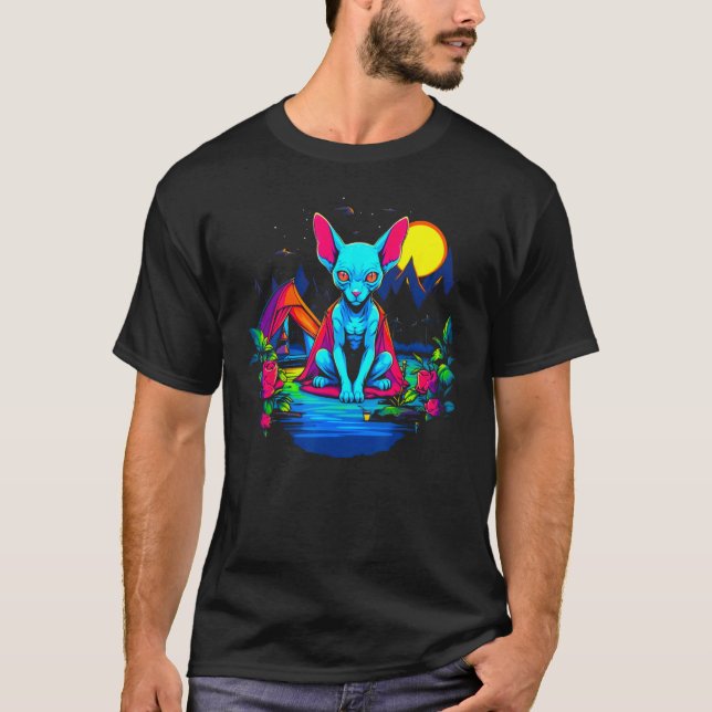 Camiseta Gato sem pelo Sphynx Acampando (Frente)