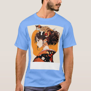 Camiseta Gato sentado acima de anime de menina