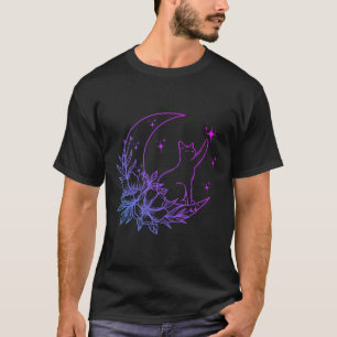 Camiseta Gato Sentado No Crescente Flor Da Lua Estrelas Mul