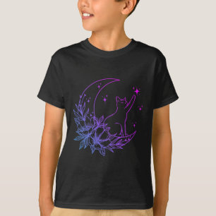 Camiseta Gato Sentado No Crescente Flor Da Lua Estrelas Mul