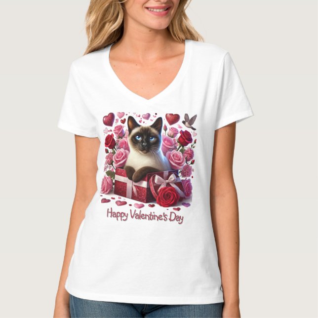 Camiseta Gato Siamês de Dias de os namorados e Rosas (Frente)