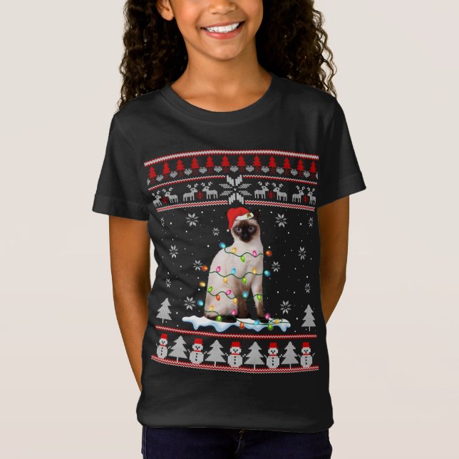 Camiseta Gato Siamês Feio De Natal Luz Engraçada De Gato (Frente)