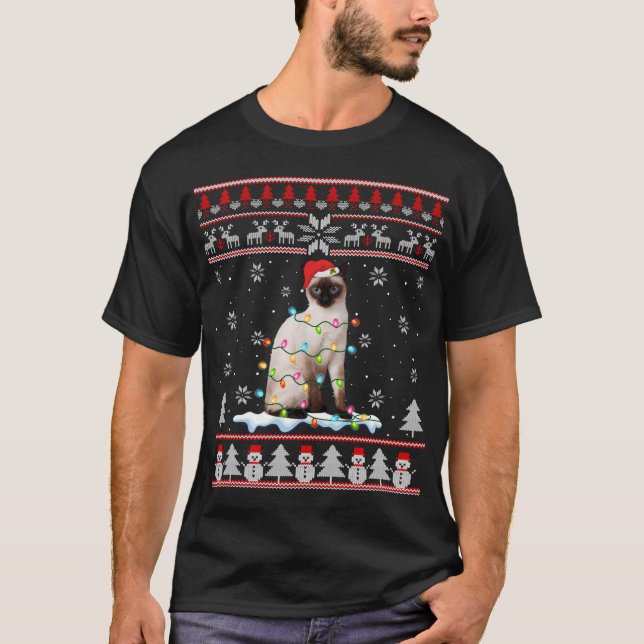 Camiseta Gato Siamês Feio De Natal Luz Engraçada De Gato (Frente)