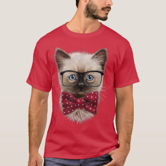 Camiseta Gato Siamês Inteligente, Nerd Eyeglass, Arco Tie
