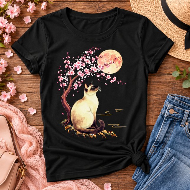 Camiseta Gato Siamesa Sob uma Lua Rosa (Criador carregado)