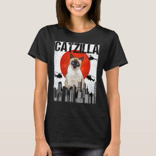 Camiseta Gato Siameses Catzilla Japonês Vintage Engraçado