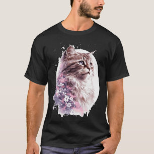 Camiseta Gato Siberiano Flor de Cerejeira Japonesa Sakura