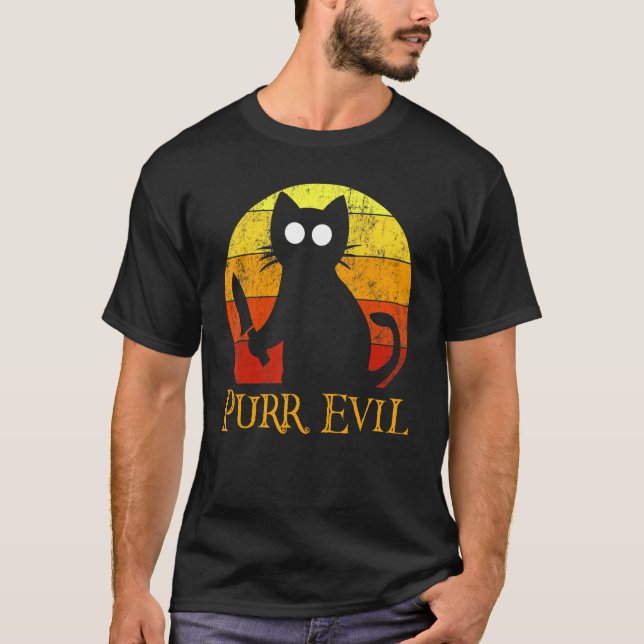Camiseta Gato Sinistro de Halloween com Faca (Frente)