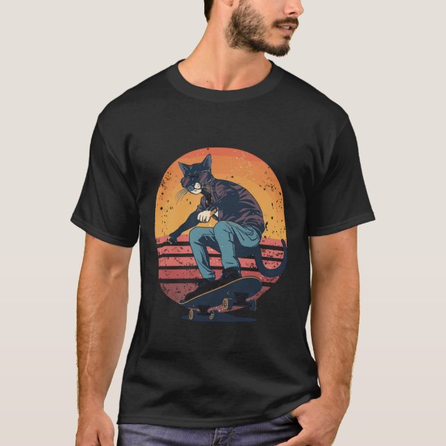 Camiseta Gato Skate Retro Skateboard  (Frente)