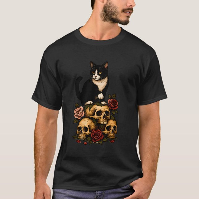 Camiseta Gato Smoking de la Cripta – Rosas e Caveiras (Frente)