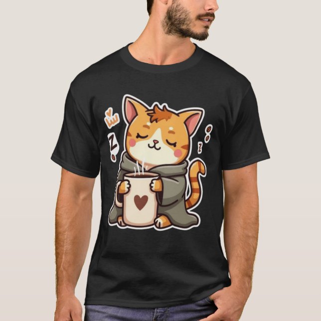 Camiseta Gato Sonolento e Aconchegante Com Caneca de Café (Frente)
