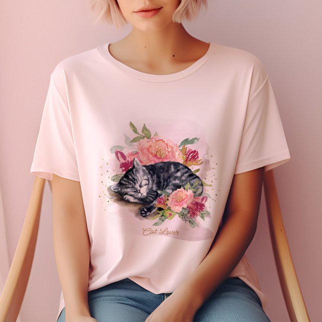 Camiseta Gato Sonolento E Flores Rosa (Criador carregado)
