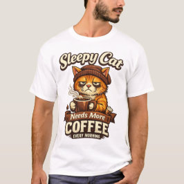 Camiseta Gato Sonolento Precisa de Mais Café Todas as Manhã
