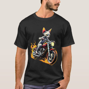 Camiseta Gato Sphynx Andando de Motocicleta Design Engraçad