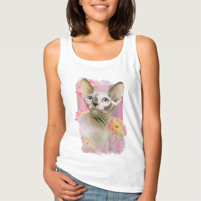 Camiseta Gato Sphynx em flores. (Frente)