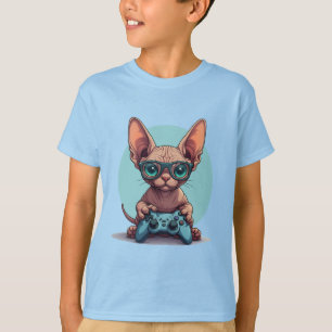 Camiseta Gato Sphynx Segurando Controle de Jogo