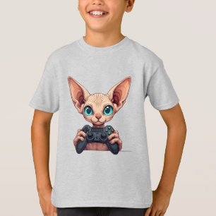 Camiseta Gato Sphynx Segurando Controle de Jogo