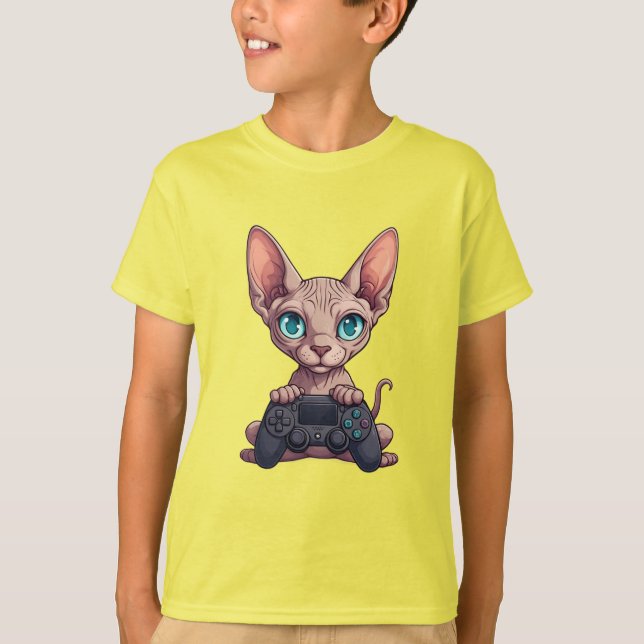 Camiseta Gato Sphynx Segurando Controle de Jogo (Frente)