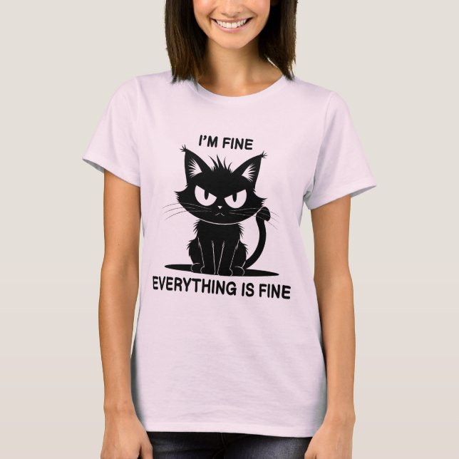 Camiseta Gato Spiky Negro Engraçado Estou bem Está tudo bem (Frente)