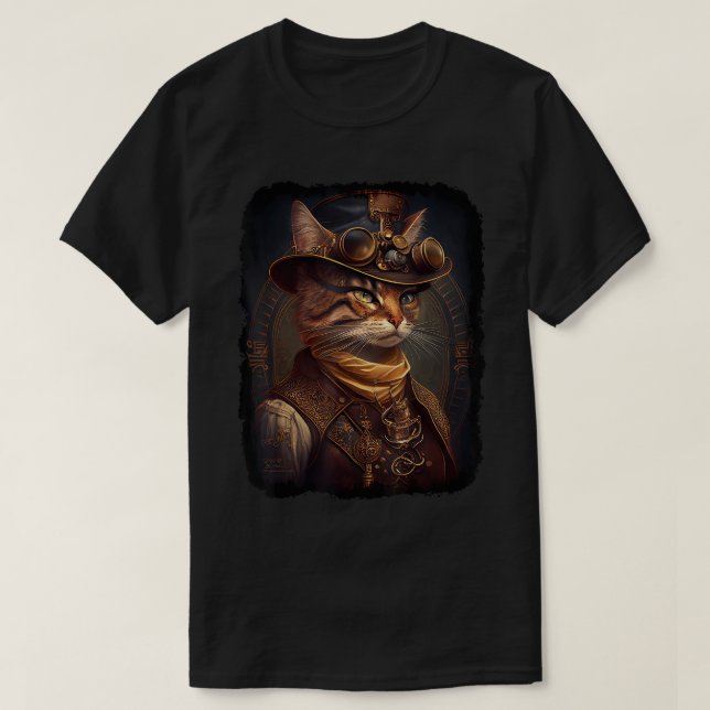 Camiseta Gato Steampunk, Retrato Estilo Vitoriano, Sci Fi C (Frente do Design)