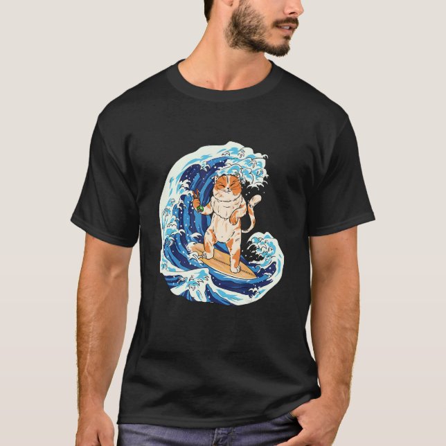 Camiseta Gato Surfando E Comendo Sushi Gato (Frente)