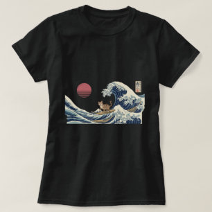 Camiseta Gato Surfando Grande Onda Arte Japonesa