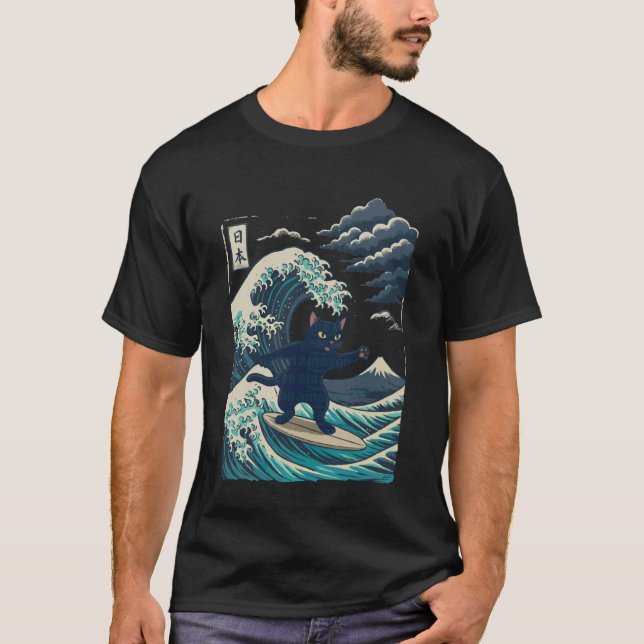 Camiseta Gato Surfando Japonês (Frente)