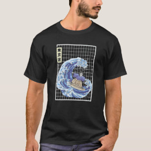 Camiseta Gato Surfando Ondas Japonesas Japão Estética Grid