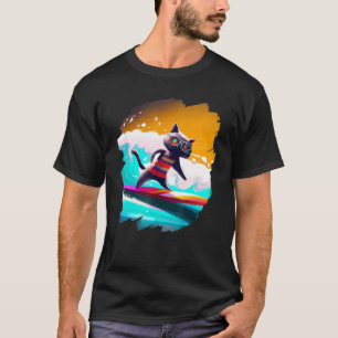 Camiseta Gato Surfando Surfista Cavalgando Onda Oceano Artí