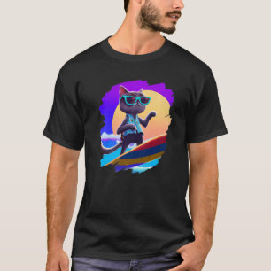 Camiseta Gato Surfando Surfista Cavalgando Onda Oceano Artí