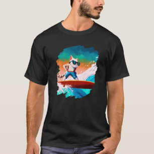 Camiseta Gato Surfando Surfista Cavalgando Onda Oceano Artí