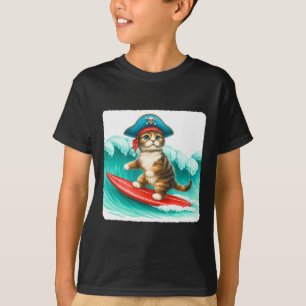 Camiseta Gato Surfista Com Chapéu de Pirata na Prancha de S