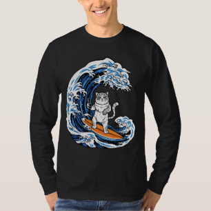 Camiseta Gato Surfista na Onda Azul Épica – Oceano de Desen