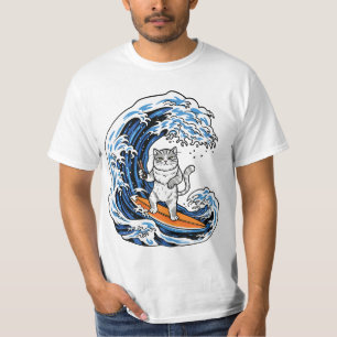 Camiseta Gato Surfista na Onda Azul Épica – Oceano de Desen